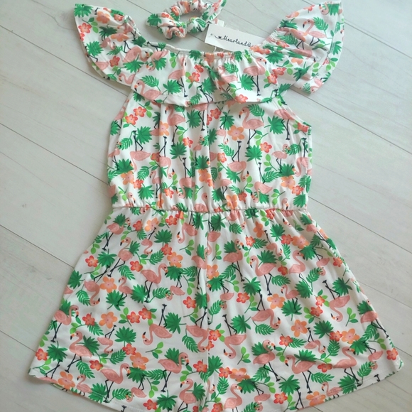 NEW girls Flamingo Floral Romper & Hair Scrunchie - Picture 2 of 5